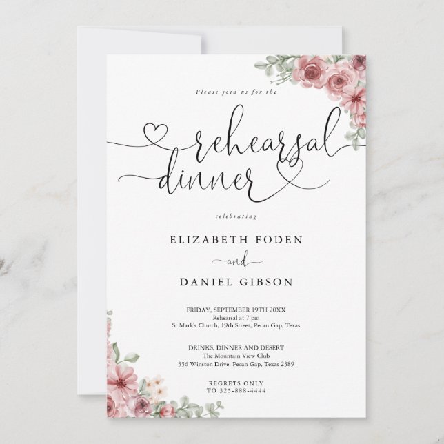 Roses Floral Heart Script Rehearsal Dinner Invitation (Front)