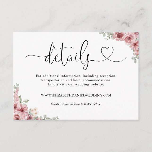 Roses Floral Heart Script Wedding Details Enclosure Card (Front)