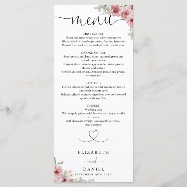 Roses Floral Heart Script Wedding Dinner Menu (Front)