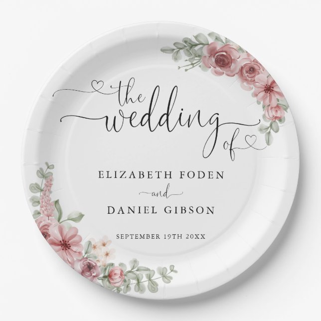 Roses Floral Heart Script Wedding Paper Plate (Front)