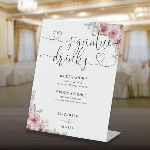 Roses Floral Heart Script Wedding Signature Drinks Pedestal Sign