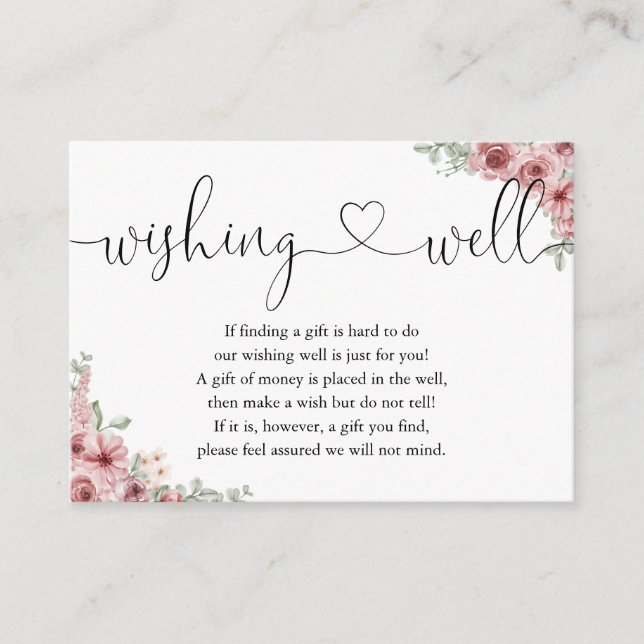Roses Floral Heart Script Wishing Well Wedding Enclosure Card (Front)