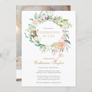 Roses Floral Photo Celebration of Life Funeral Invitation