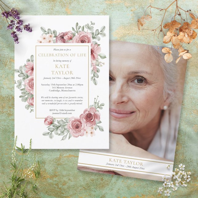 Roses Floral Photo Funeral Celebration of Life Invitation (Creator Uploaded)
