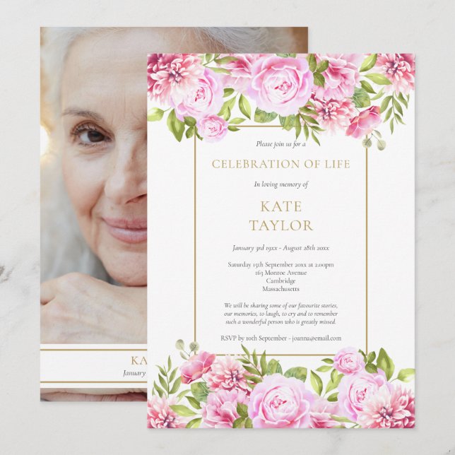 Roses Floral Photo Funeral Celebration of Life Invitation (Front/Back)