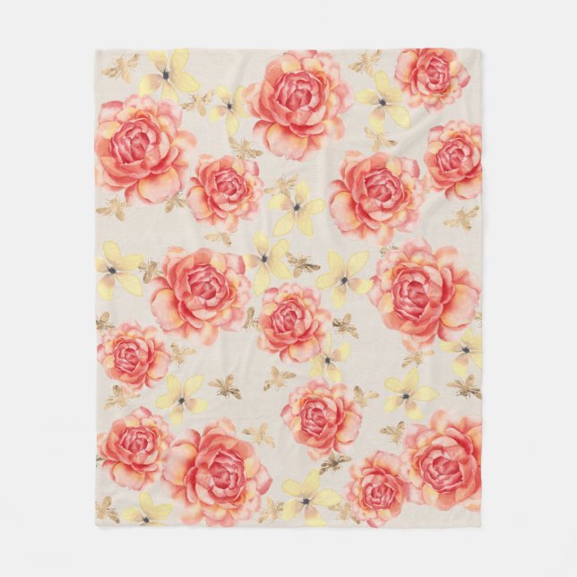 Roses Floral Pink & Yellow on Golden Bees Backgrnd Fleece Blanket (Front)