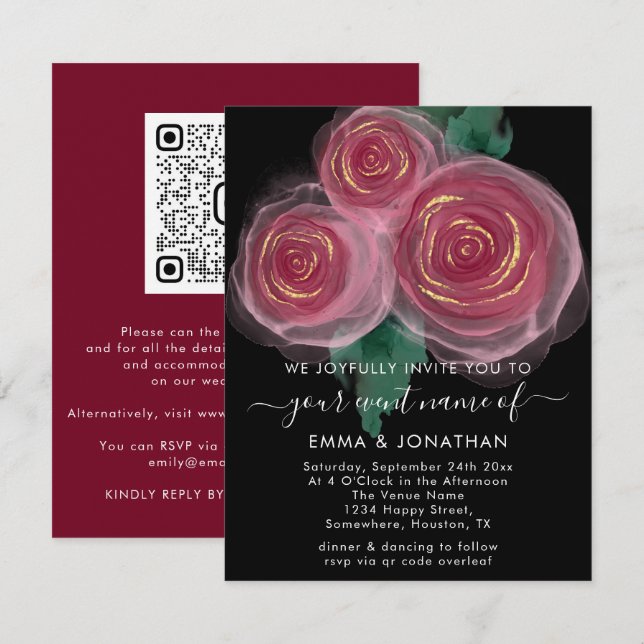 Roses Floral QR Code Gold Burgundy Black (Front/Back)