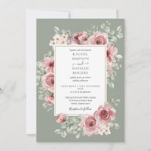 Roses Floral QR Code Sage Green Wedding Invitation