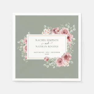 Roses Floral Sage Green Elegant Gold Geometric Napkin