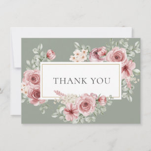 Roses Floral Sage Green Gold Geometric Thank You Card