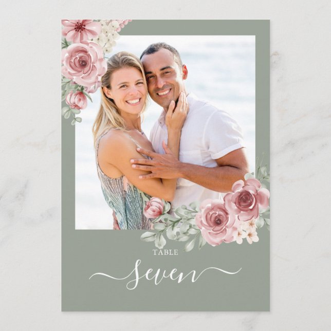 Roses Floral Sage Green Photo Table Number (Back)