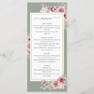 Roses Floral Sage Green Wedding Dinner Menu