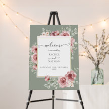 Roses Floral Sage Green Wedding Welcome Sign