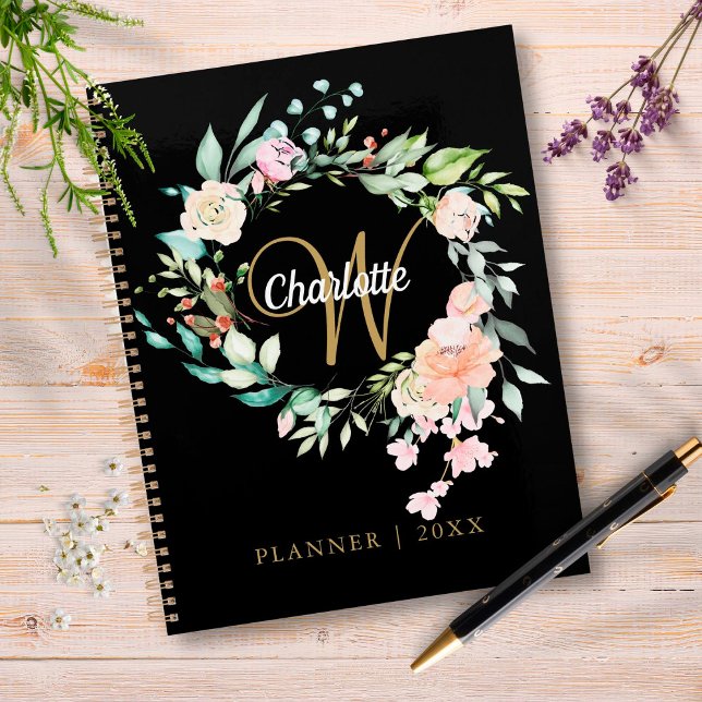Roses Floral Script Monogram Black Gold 2023 Planner (Creator Uploaded)
