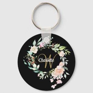 Roses Floral Script Monogram Black Gold Key Ring