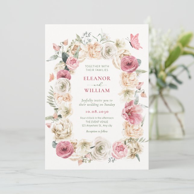 Roses flower arrangement pastel watercolor wedding invitation (Standing Front)