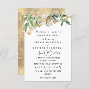 Roses Flower Brunch Green Gold Watercolors White Invitation