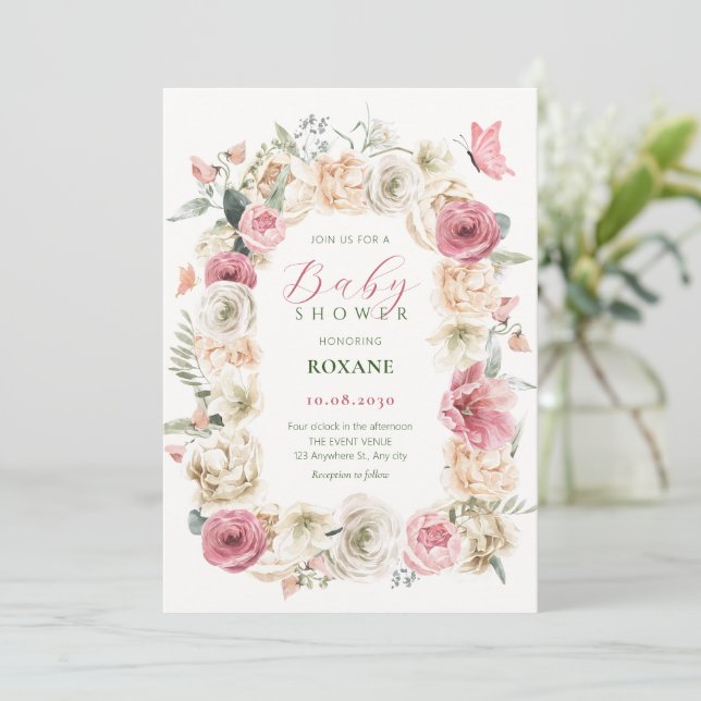 Roses flower pastel watercolor baby shower invitation (Standing Front)