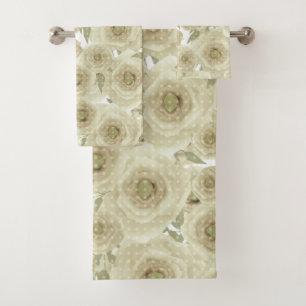 Roses flowers abstract floral print beige colours bath towel set