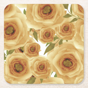 Roses flowers abstract floral print beige colours square paper coaster