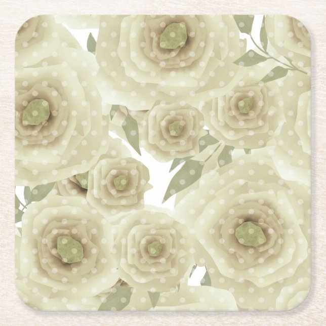 Roses flowers abstract floral print beige colours square paper coaster (Front)
