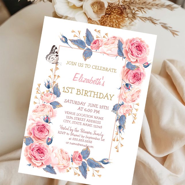 Roses Flowers Buttetrfly Striped Birthday  Invitation (Creator Uploaded)
