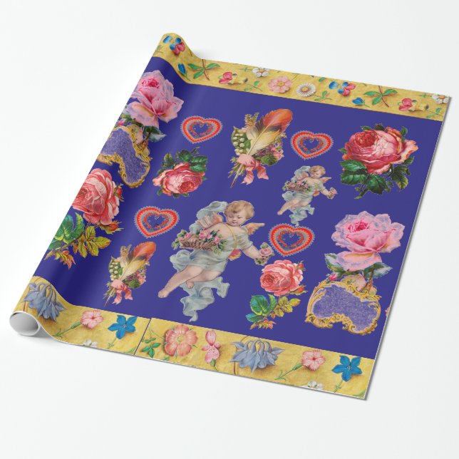 ROSES,FLOWERS,FEATHERS,ANGELS AND HEARTS IN BLUE WRAPPING PAPER (Unrolled)