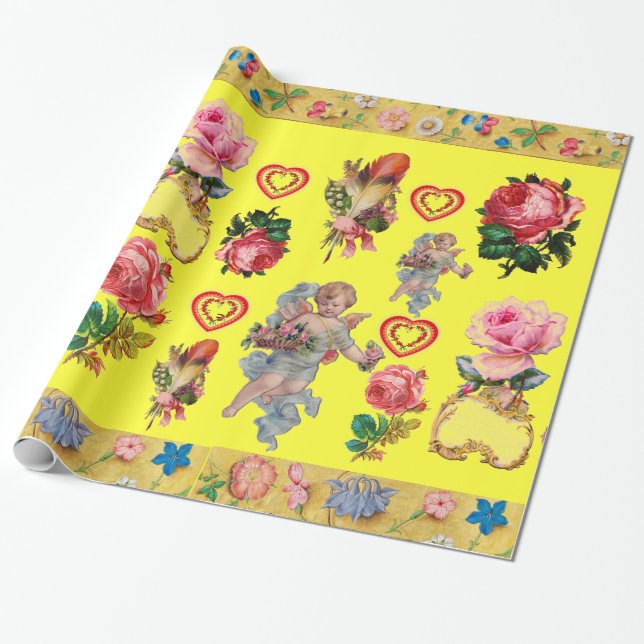 ROSES,FLOWERS,FEATHERS,ANGELS AND HEARTS IN YELLOW WRAPPING PAPER (Unrolled)