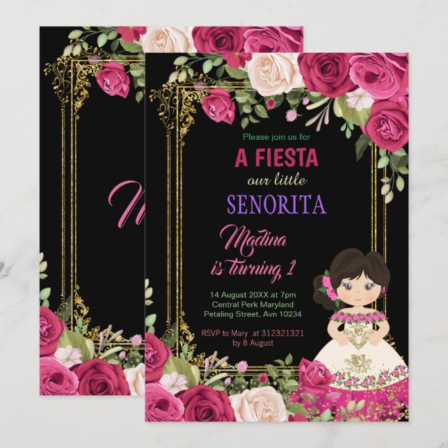 Roses Flowers Fiesta Floral 1st birthday  Invitation (Front/Back)