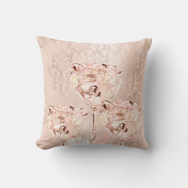 Roses Flowers Pink Blush Powder Lux Metal Damask Cushion (Front)