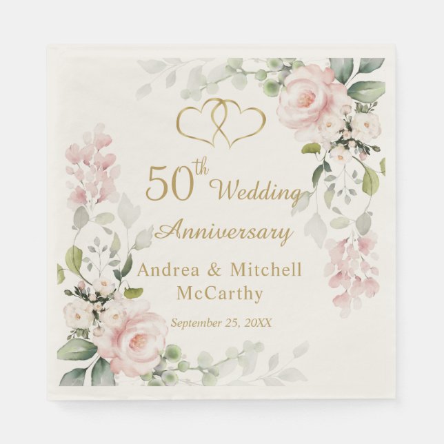 Roses Foliage Hearts 50th Wedding Anniversary  Napkin (Front)