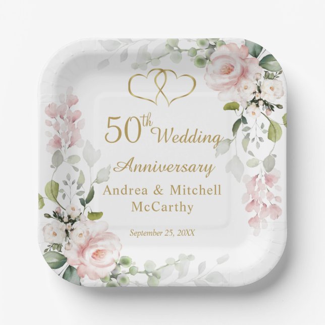 Roses Foliage Hearts 50th Wedding Anniversary  Paper Plate (Front)