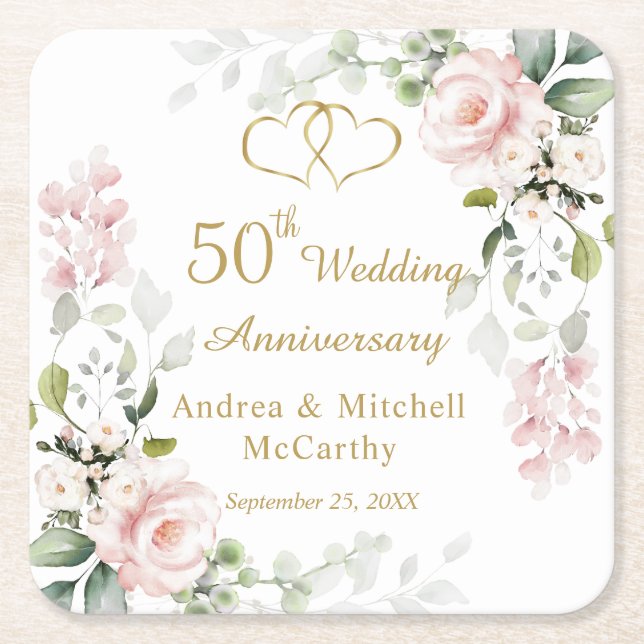 Roses Foliage Hearts 50th Wedding Anniversary Square Paper Coaster (Front)