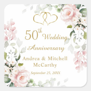 Roses Foliage Hearts 50th Wedding Anniversary  Square Sticker