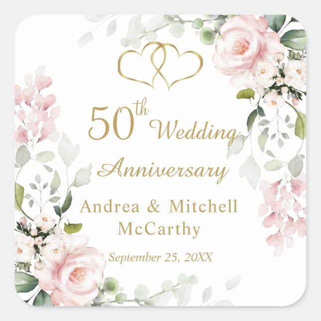 Roses Foliage Hearts 50th Wedding Anniversary  Square Sticker (Front)