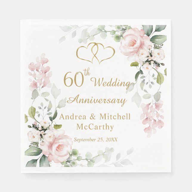 Roses Foliage Hearts 60th Wedding Anniversary  Napkin (Front)