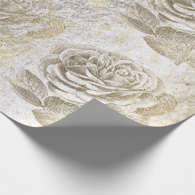 Roses Foxier Gold Pearly Metallic Floral White Wrapping Paper (Corner)
