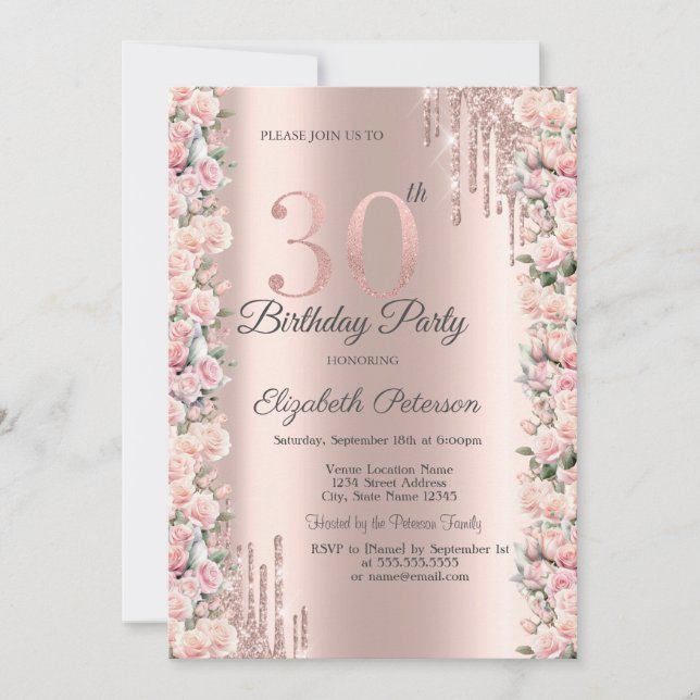 Roses Frame Drips Rose Gold 30th Birthday   Invitation (Front)