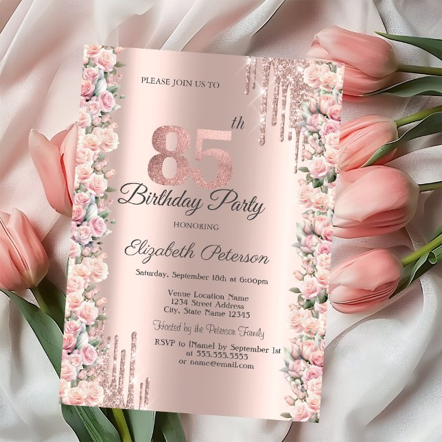 Roses Frame Drips Rose Gold 85th Birthday   Invitation (Creator Uploaded)