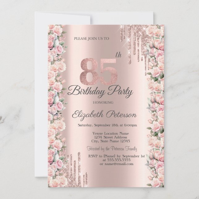 Roses Frame Drips Rose Gold 85th Birthday   Invitation (Front)