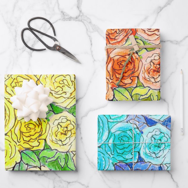 Roses Garden Flowers Floral Art Yellow Red Blue Wrapping Paper Sheet (Front)