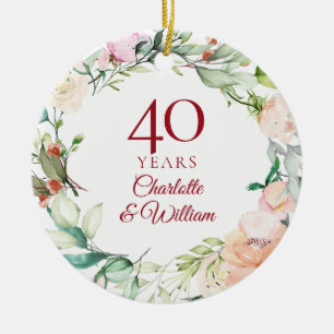 Roses Garland 40th Ruby Wedding Anniversary Ceramic Tree Decoration