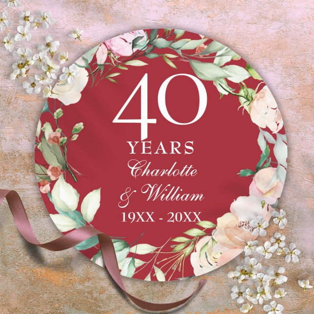 Roses Garland 40th Ruby Wedding Anniversary Classic Round Sticker (Roses Garland 40th Ruby Wedding Anniversary Classic Round Sticker)