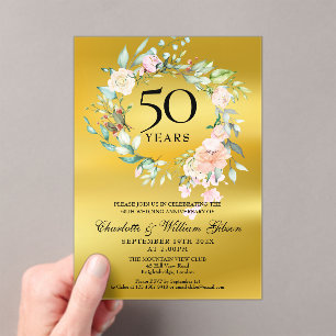 Roses Garland Gold Foil 50th Wedding Anniversary Acrylic Invitations