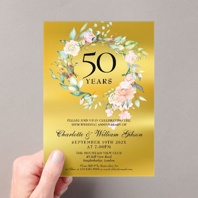 Roses Garland Gold Foil 50th Wedding Anniversary Acrylic Invitations (Insitu (Handheld))