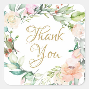 Roses Garland Gold Script Thank You Square Sticker