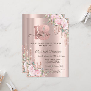Roses Glitter Drips Rose Gold 18th Birthday Invitation