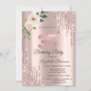 Roses Glitter Drips Rose Gold 35th Birthday Invitation