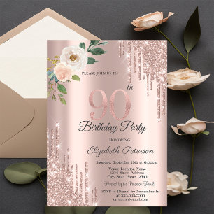 Roses Glitter Drips Rose Gold 90th Birthday Invitation