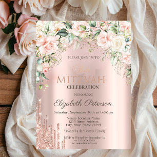 Roses Glitter Drips Rose Gold Bat Mitzvah  Invitation